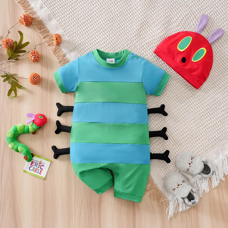 

Одежда для новорожденных: зеленый костюм-гусеница, трехмерный костюм для косплея, летний комбинезон с короткими рукавами для малышей