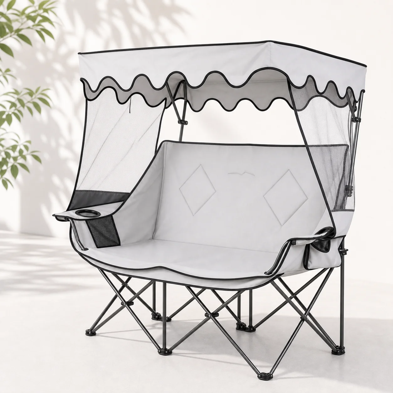 Outdoor Two Seater Folding Chair With Multi Level Adjustable Canopy For Versatile Sun Protection Chair