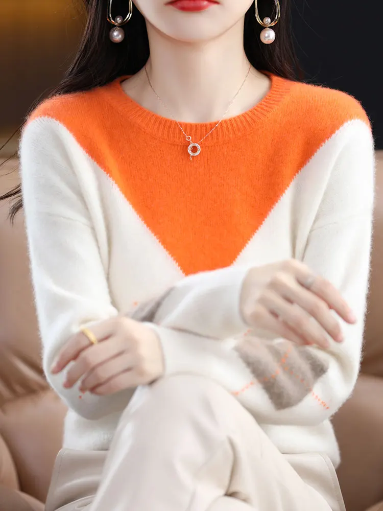 Autumn Winter Women Knitwear Sweater Fashion New Round Neck 100% Wool Pullover  Warm Loose Diamond Pattern Color Matching Tops