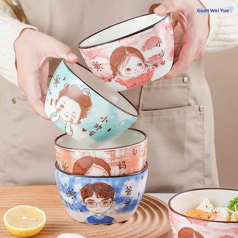 Large Size Ceramic Soup Bowls Set for Family of Four Cute Porcelain Dinner Bowls Individual Bowls for Each Person