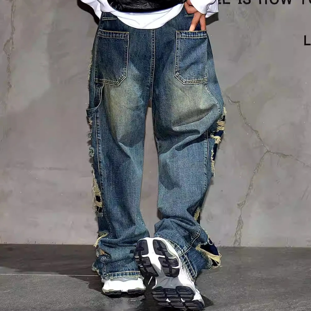 Japanese Streetwear Vintage Ripped Jeans Hip Hop Skateboard Stacked Jeans Mens Clothing Harajuku Trend Casual Denim Trousers