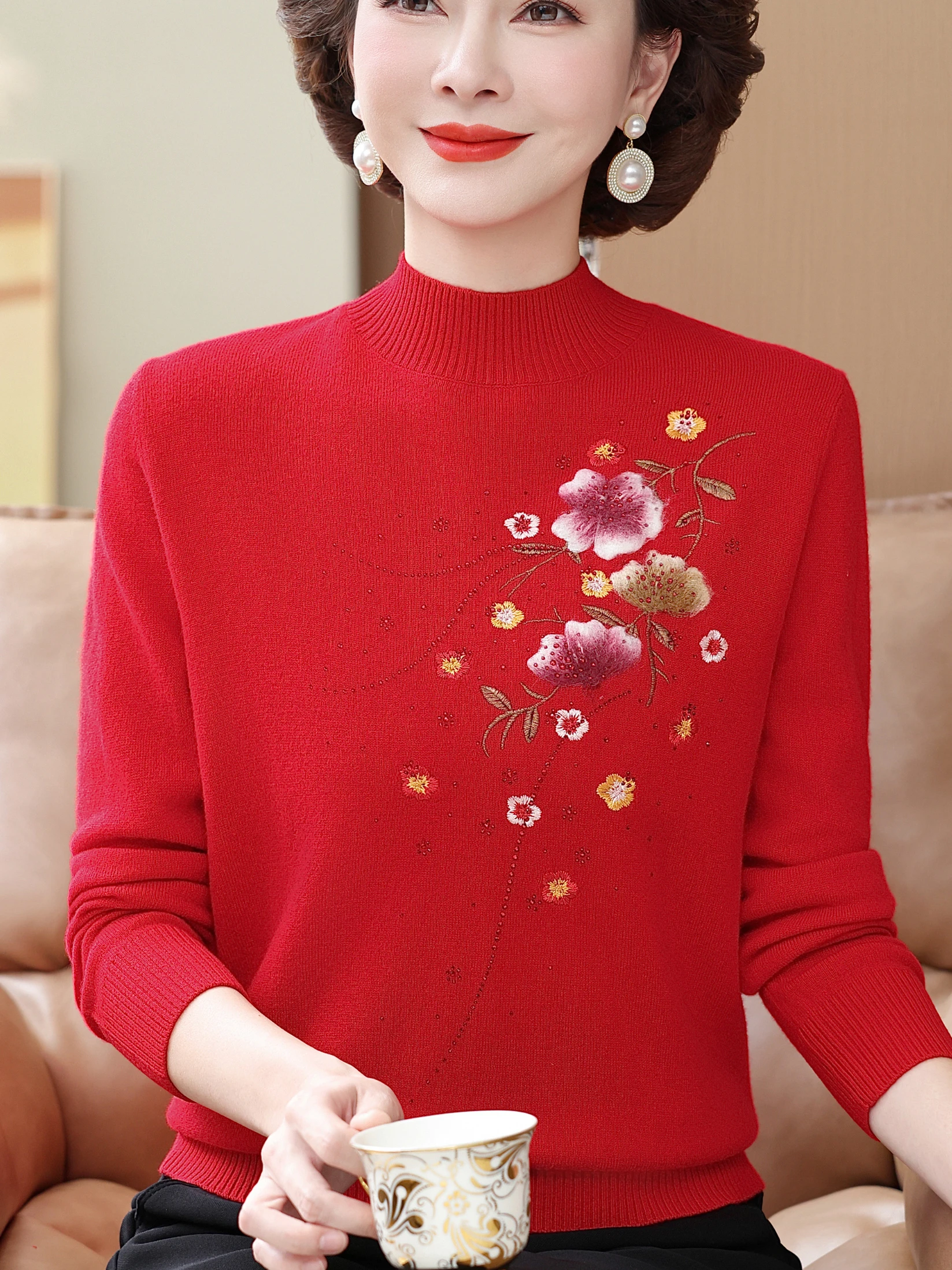 

ly Женский свитер Camere с вышивкой и высоким воротником, вязаная основа irt с цветочным узором, дышащий, теплый, легкий вес