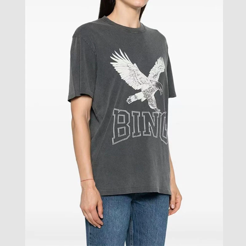 

Summer new North American niche AB classic eagle letter print stir fried color washed old women's short sleeved T-shirt
