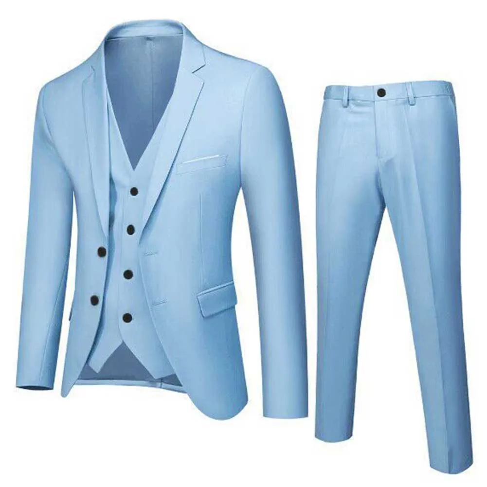 

3Piece Set Men Business Formal Wedding Party Jacket Suit Lapel Two Button Blazer Fashion Men's Clothing Solid Color Suits