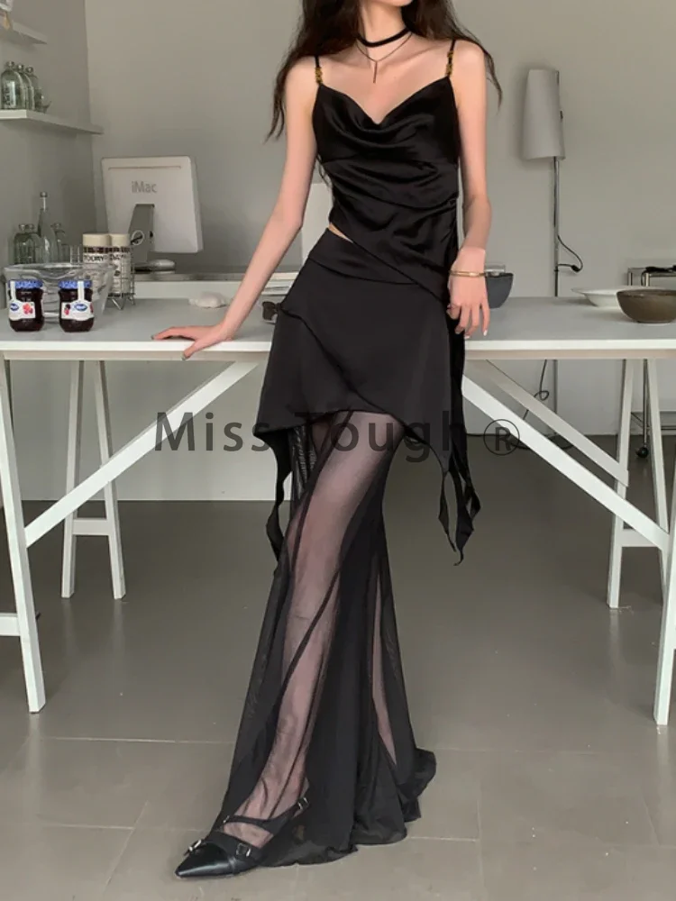 Korean Style Designer 2 Piece Set Women Black Camis Tops + Fashion Mesh Pants Suit Female Elegant Sexy Party Vintage Y2k Set New