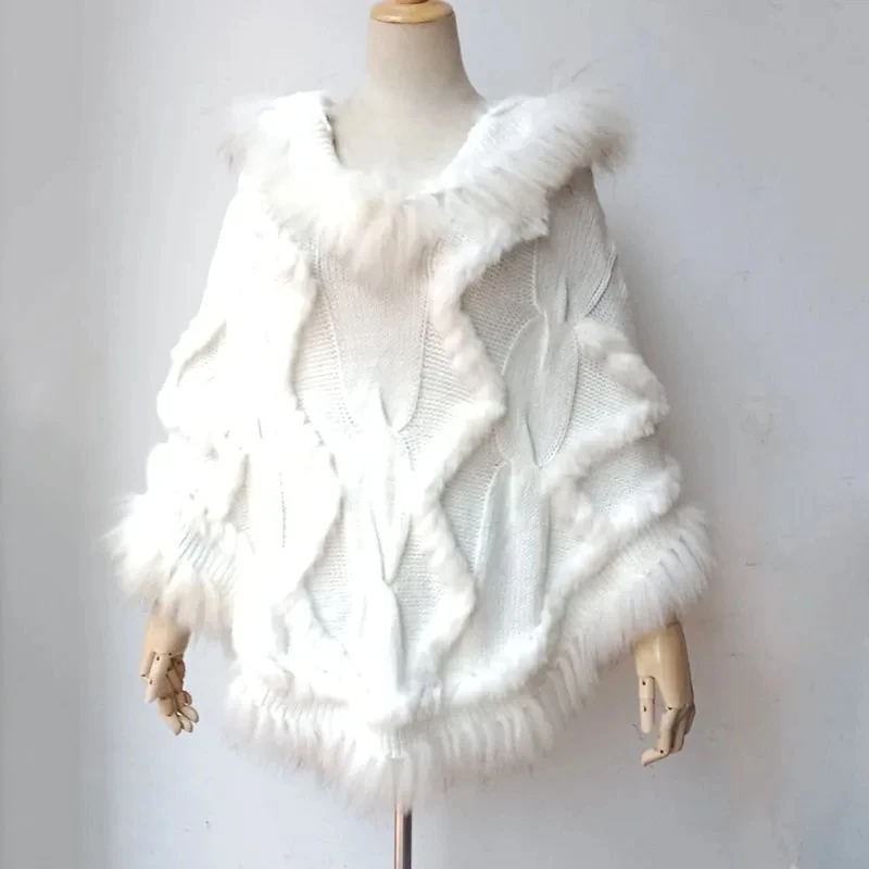 Women Cashmere Knitted Real Rabbit Fur Hooded Poncho Loose Warm Winter Ladies Plus Size Knitted Real Fur Cape With Hood