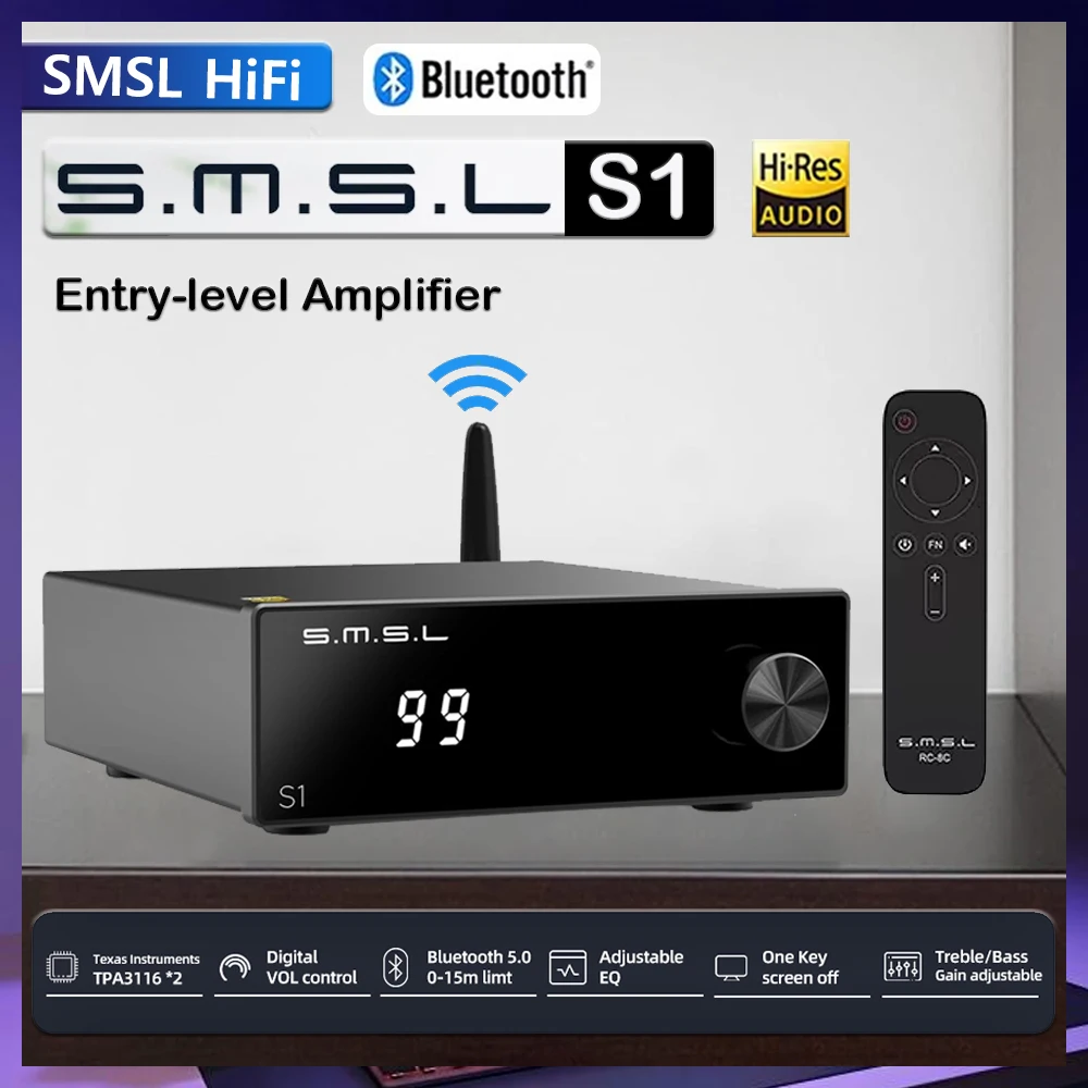 

SMSL S1 HiFi Audio Amplifier Portable Amp Chip TPA3116*2 100Wx2 Mini D AMP Receiver Support Bluetooth With Remote control