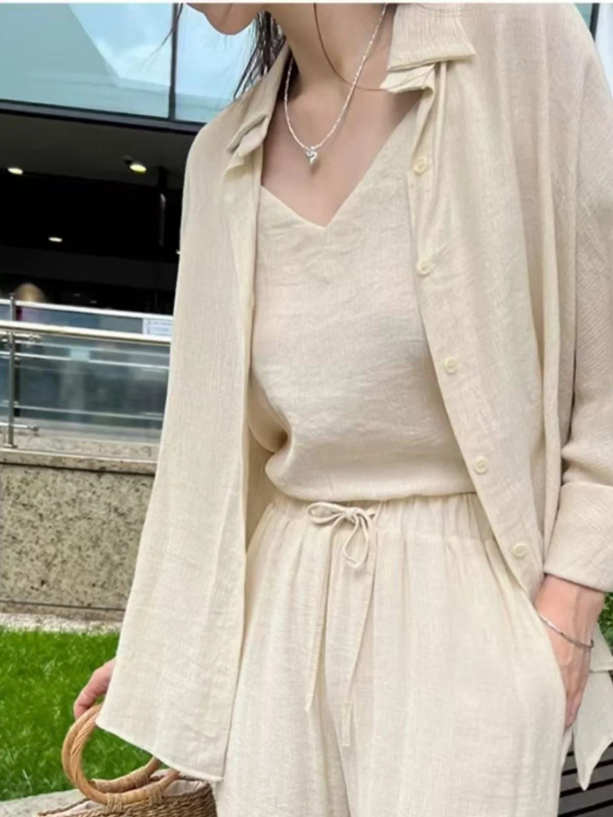 

Women's Cotton Linen Svel Tank Top irt Loose Slimming Waist Dstring Straight Leg Pants Tee-piece Set Spring Faion