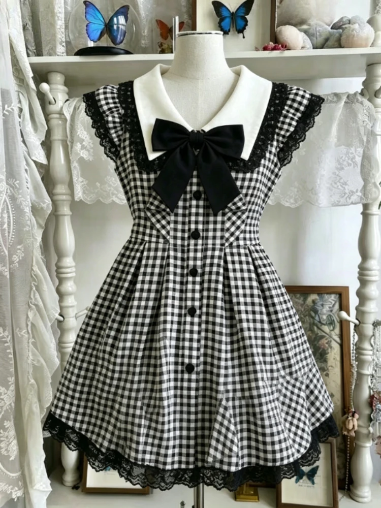 Japanisches Kawaii Ruffle Y2K Mini-Kleid für Damen, Vintage-Karo-Kurzkleid, süßes Sommer-Street-Style-Kleid