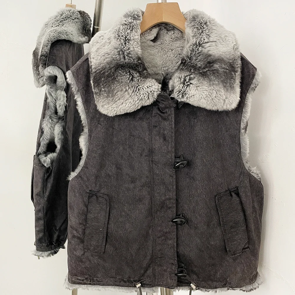 OFTBUY Big Turn Collar Two Ways Wear Sleeveless Clothes Female New Winter Fur Waistcoat Women Reversible Real Rabbit Fur Vest
