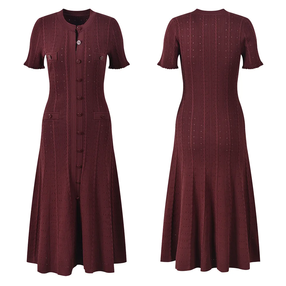 women short sleeve Round Neck Slim Fit Knitted Dress with Button front pleated midi office elegant cotton Long Dress