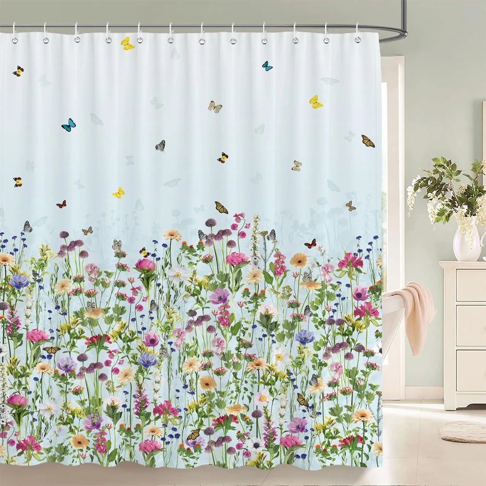 Watercolor Flowers Butterfly Shower Curtains Spring Floral Bath Curtain Scenery Waterproof Bathroom Home Decor with Hooks