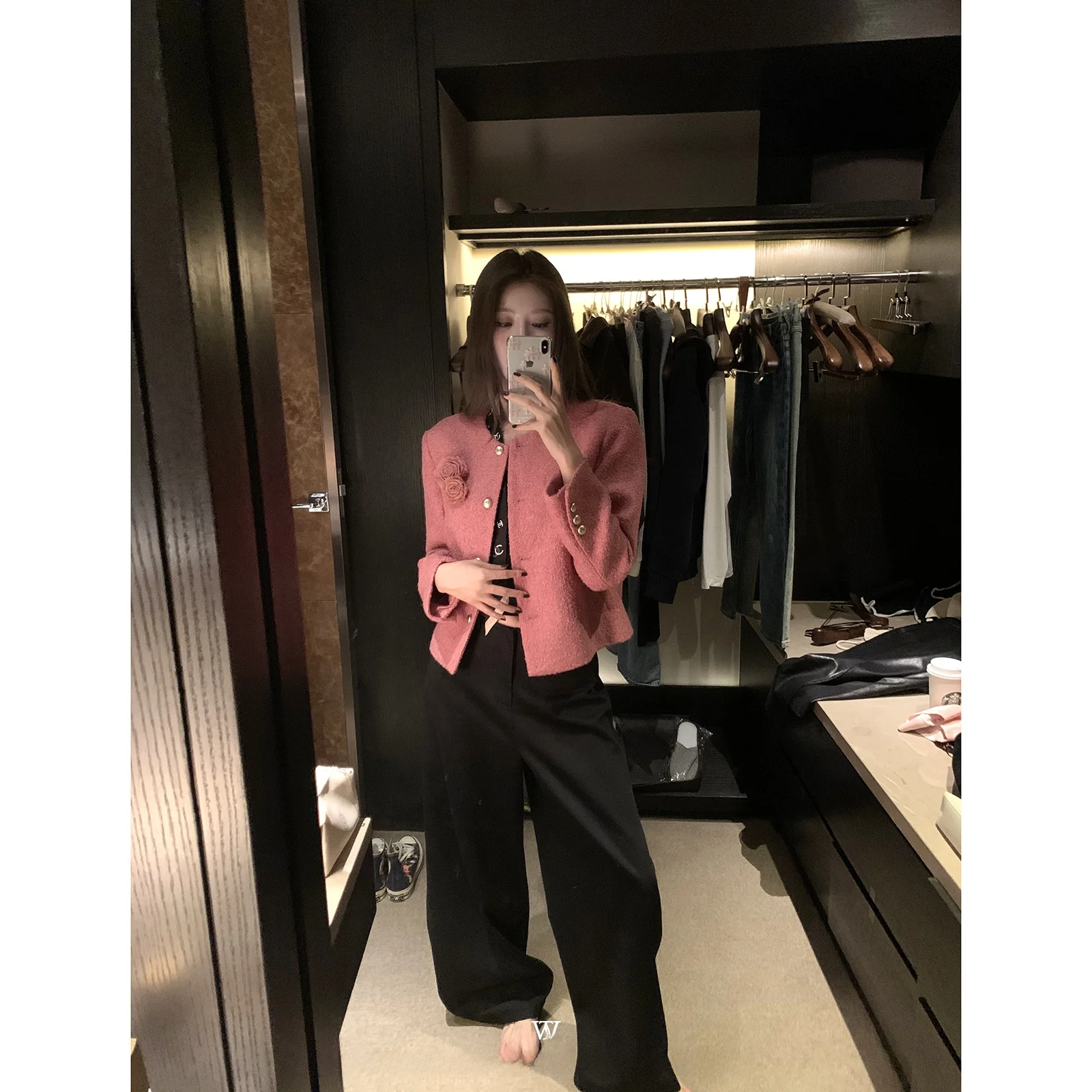 

Wanantong Handmade Camellia Scented ort Jaet Women's Autumn Outerwear Button Closure Other Material Ladies Faion