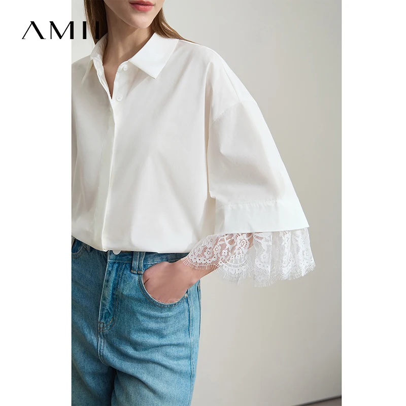 Amii Minimalist Cotton  Shirts for Women 2025 Summer New Solid Lapel Shoulder Half-sleeve Lace Splicing Loose Tops 12542096