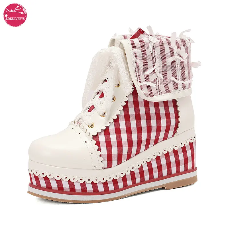 Women's Gingham Lolita Wedge Boots, Lace-Up Brogue Style, Cosplay Cute Platform Shoes - Various Color Options Plus Size 31-48