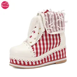 Women's Gingham Lolita Wedge Boots, Lace-Up Brogue Style, Cosplay Cute Platform Shoes - Various Color Options Plus Size 31-48