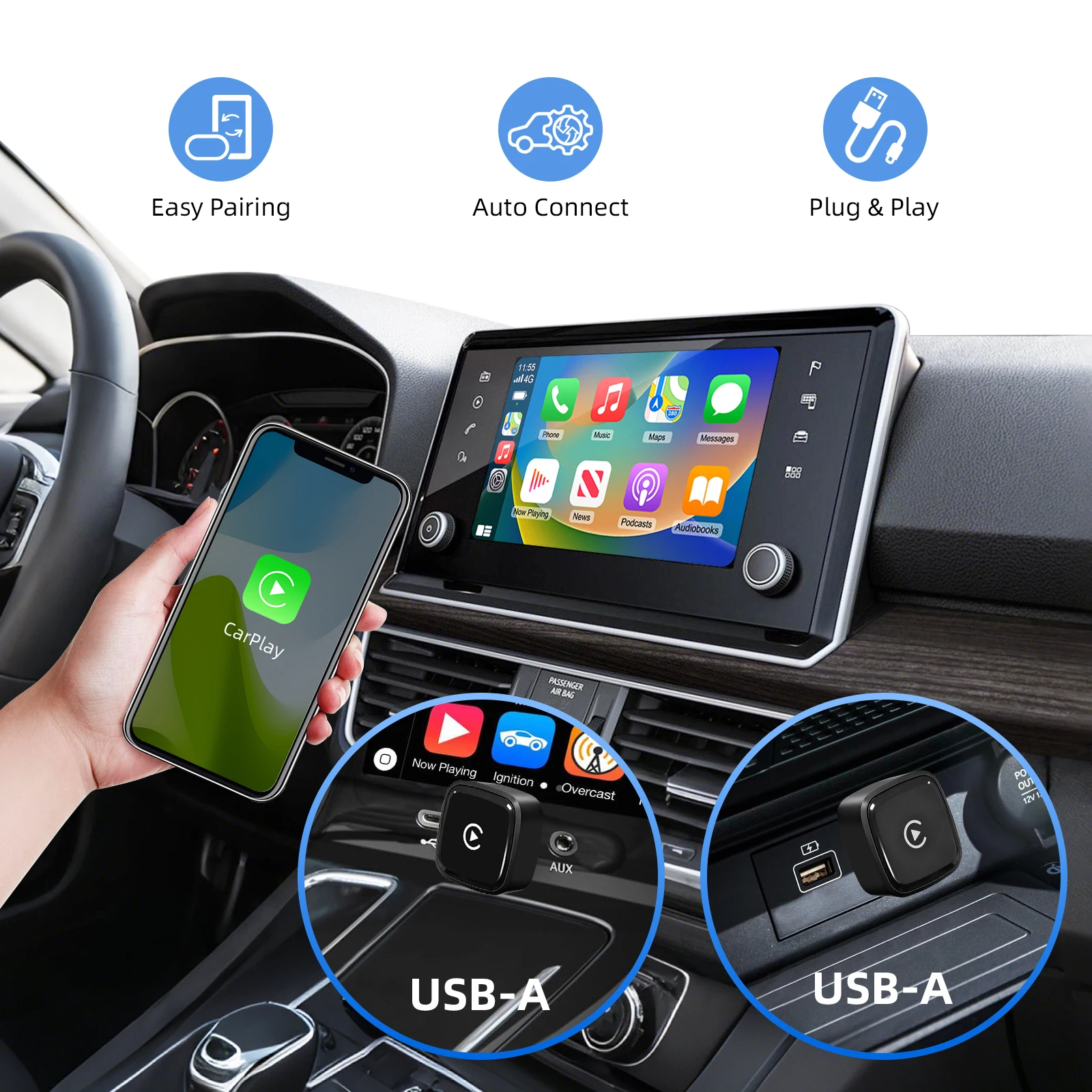 2in1 CarPlay Android Auto Adapter, Wireless CarPlay Android Auto Adapter USB Dongle Smart Mini Box Compatible with 99% of Cars