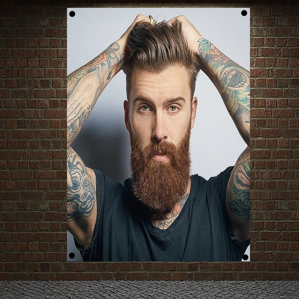 

New Popular Men's Hairstyle Barber Shop Signboard Vintage Decor Hairdresser Poster Flag Banner Canvas Painting Hanging Cloth F2