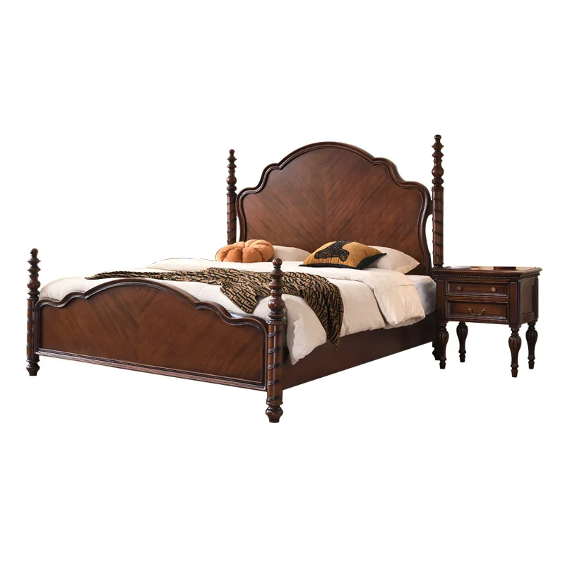 Retro walnut parquet solid wood bed 1.8 meters American villa master bedroom bed French nostalgic solid wood double bed