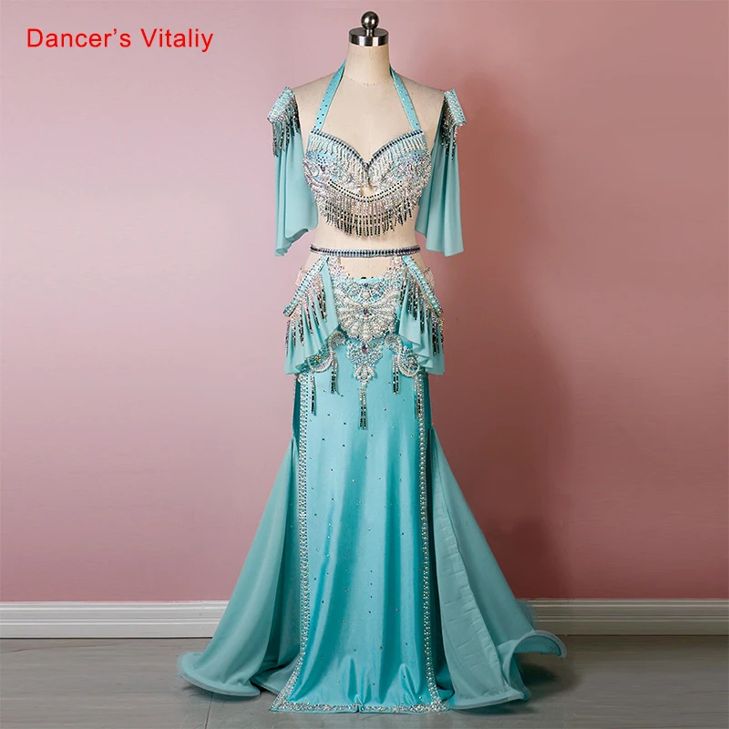 

Belly Dance Performance Costume Fairy Long Skirt Flash Stones Tassel High Waist Cross Suit Custom Adult Child Belly Dancinng Set