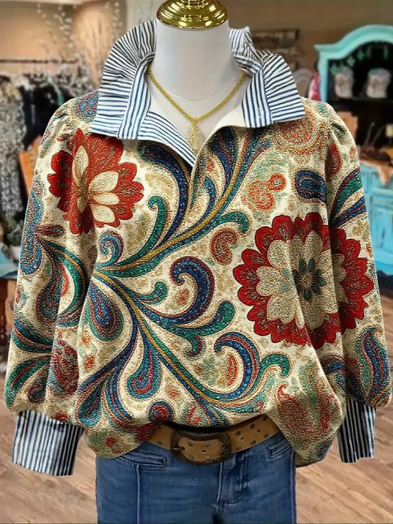  New Christmas Women's Spring and Autumn Winter Women's Stand up Collar Versatile Fashion Long Sleeve Rabbit Pattern Shirt