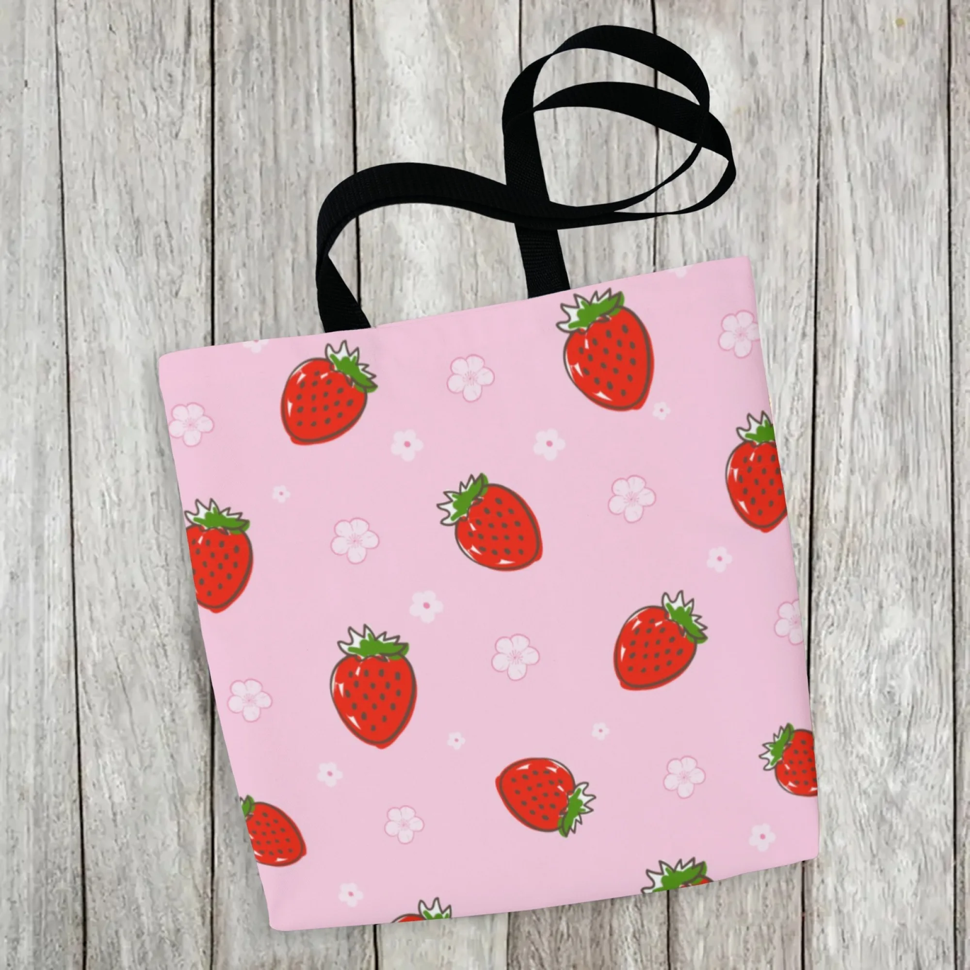 Women's Minimalist Sweet Strawberry-Floral Canvas Tote Bag Pink Fruit-Flower Reusable Shopping for Daily Use Work & Street