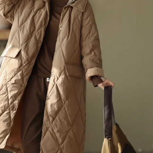 패션 다운 재킷 여성용 루즈핏 패션 패션 니트 후드 다운 코튼 여성용 빅사이즈 루즈핏 롱 미디 길이 무릎 아래 패딩 재킷 다운 재킷