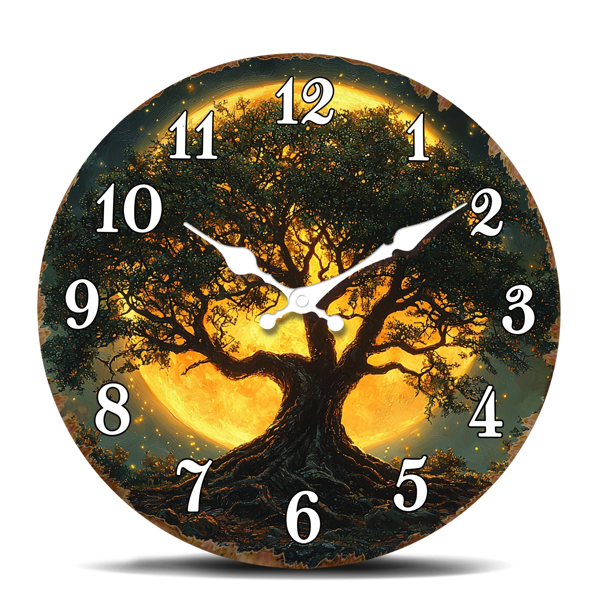 Majestic Oak Tree under Full Moon Round Wall Clock, Nature-Inspired Decorative Timepiece for Office or Home, Tranquil Scene Art