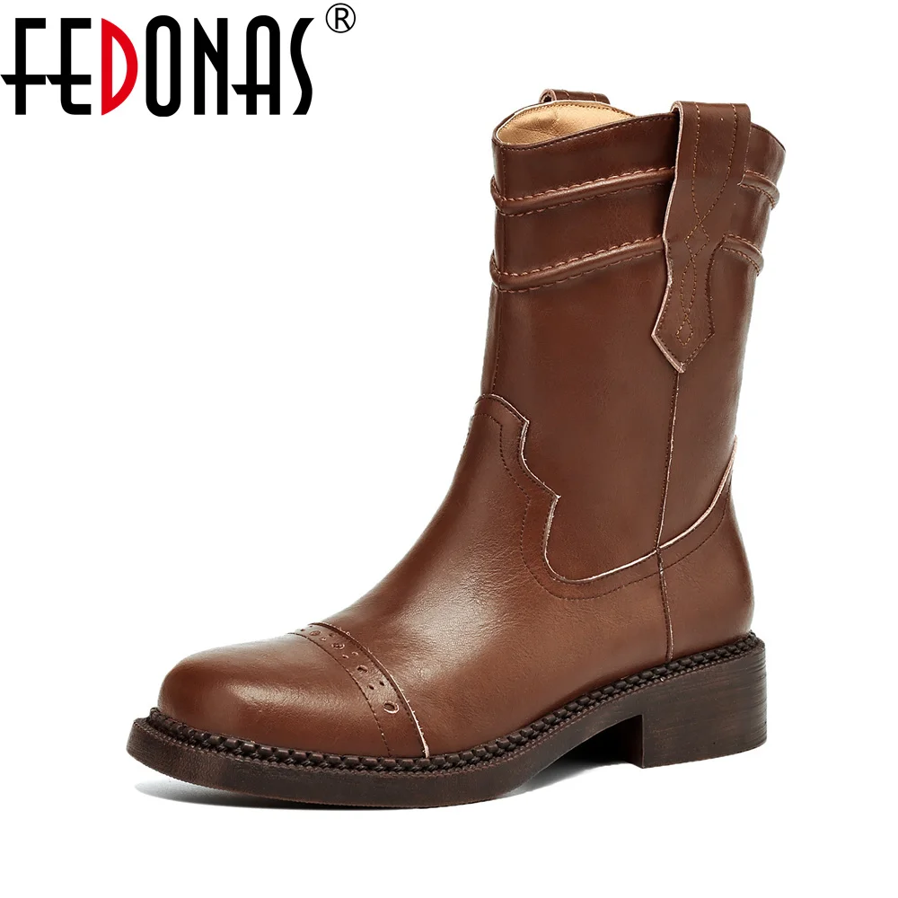 FEDONAS w stylu Retro damskie buty do połowy łydki moda prawdziwej skóry rycerskie wysokie buty kwadratowe obcasy jesienne zimowe buty damskie