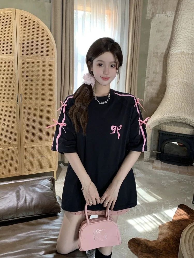 Damska koszulka plus size z haftem w węzły, luźny krój, czysta bawełna, letni top w stylu koreańskim, okrągły dekolt.