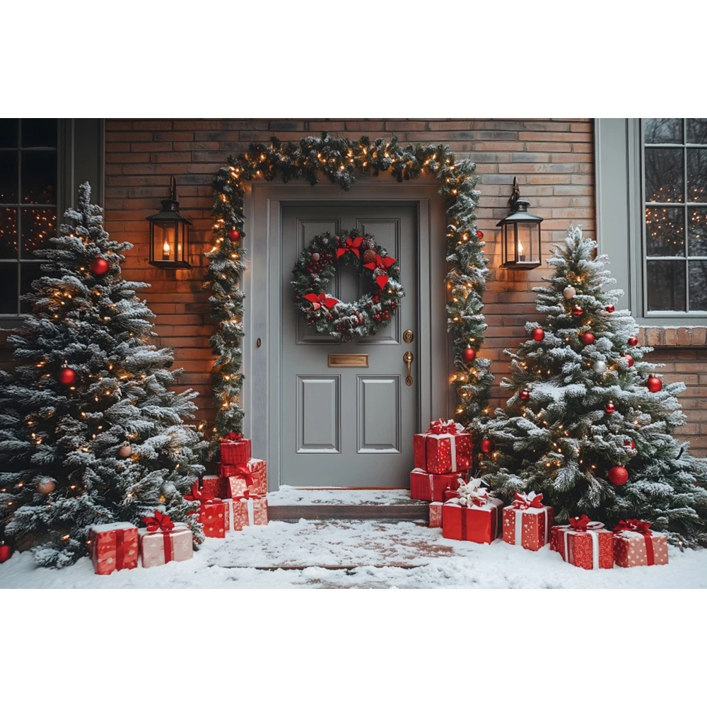 الشتاء عيد الميلاد التصوير خلفية المدخل اكاليل الثلوج شجرة عيد الميلاد الهدايا بريق أضواء الاطفال حفلة صورة خلفية الصورة