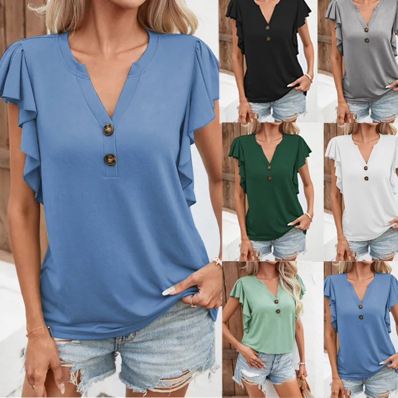 

Women's T-shirt Summer New Fashion Casual V-neck Ruffle Sleeve Elegant Ladies Solid Color Short-sleeved Top T-shirt