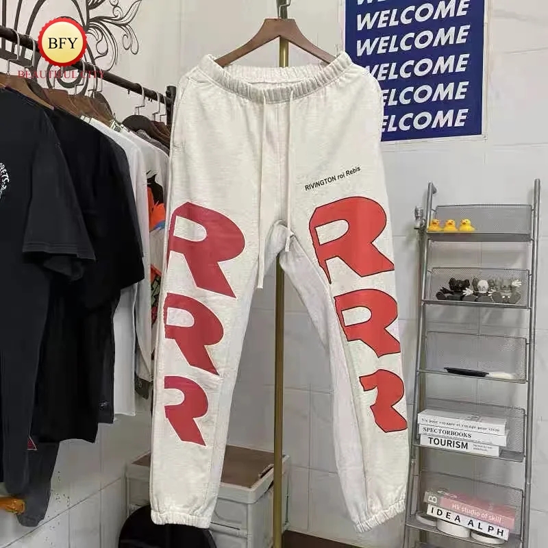 24ss Almond Grey RRR123 Print RRR Sweatpants High Quality Tie-dye Vintage Drawstring Mens Womens Drawstring Sweatpants