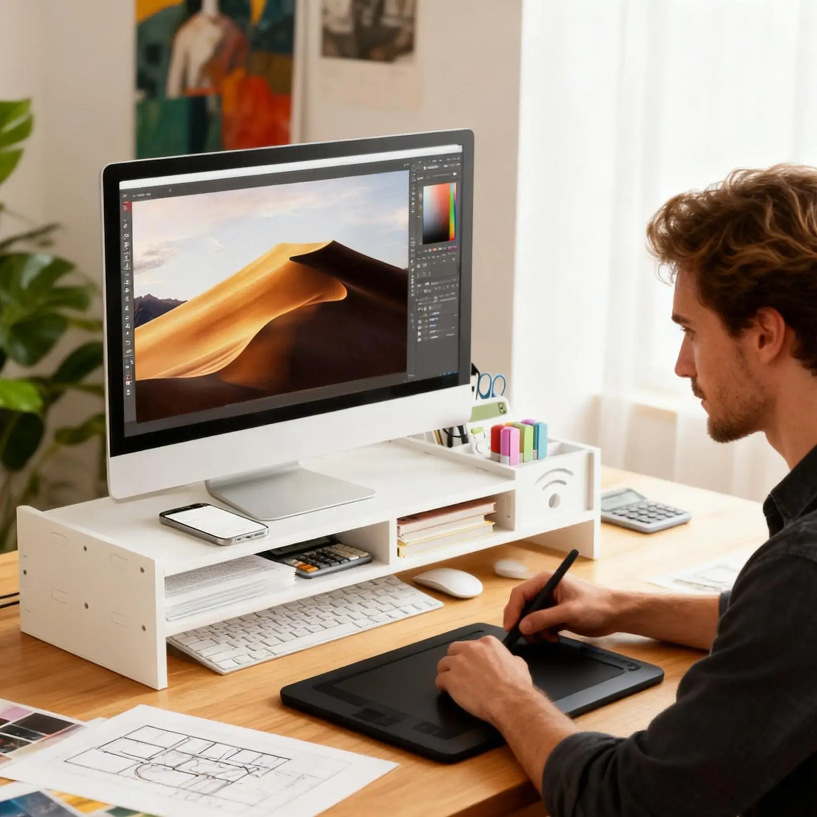 Support de moniteur pour bureau, support de bureau à 2 niveaux, hauteur de 4.3 pouces, support de moniteur d'ordinateur avec organisateur de rangement pour la maison, ordinateur portable, PC, TV