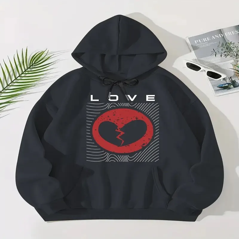 Fall Winter Sweatshirt Plus Size Women Clothes Female Oversize White Love Text Broken Black Heart Graphic Long Sleeve Round Neck