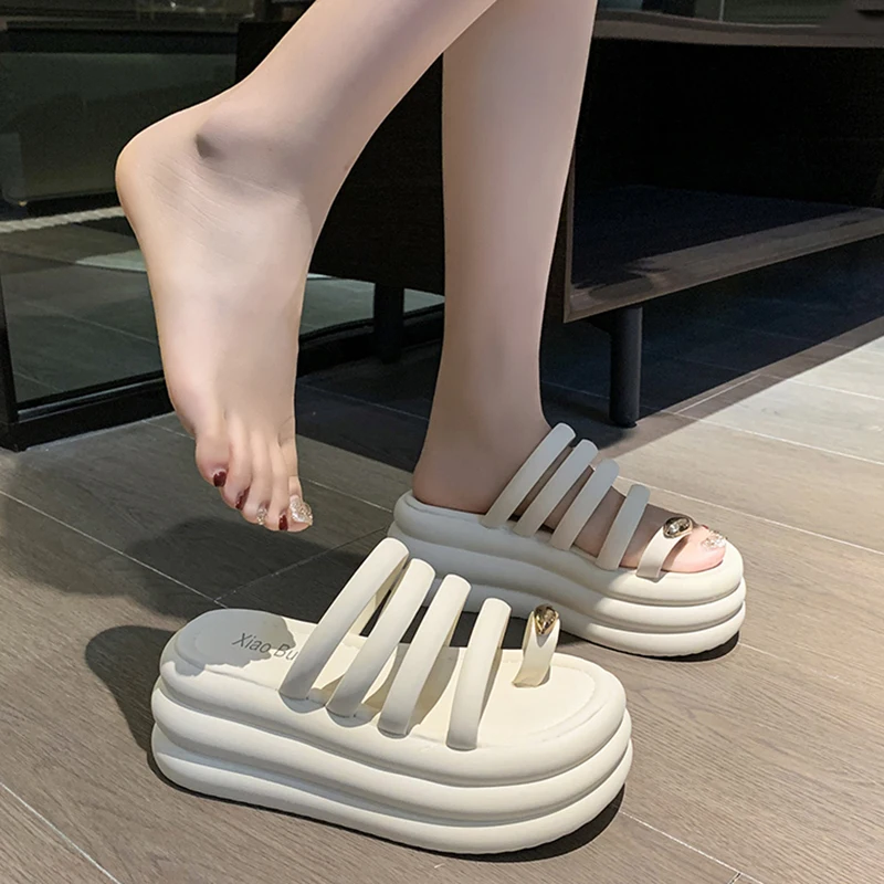 NEW Women Metal Toe Ring Multi Band Chunky Layered Platform Slides Open Toe Minimal Casual Summer Fashion Sandals Slippers Shoes