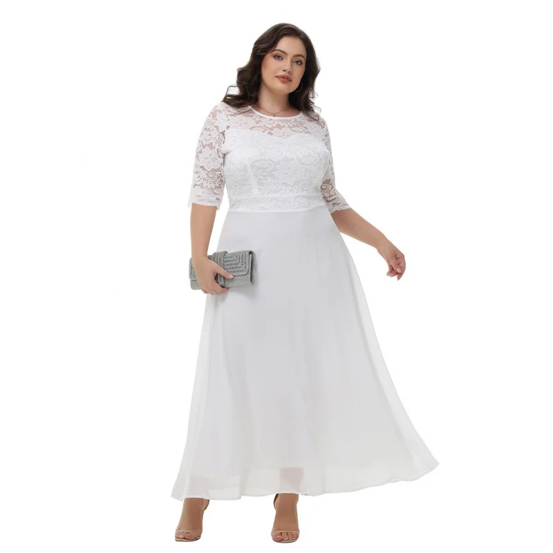 2024 European and American plus Size Women's Clothes New Lace Chiffon Stitching Bridesmaid Dress