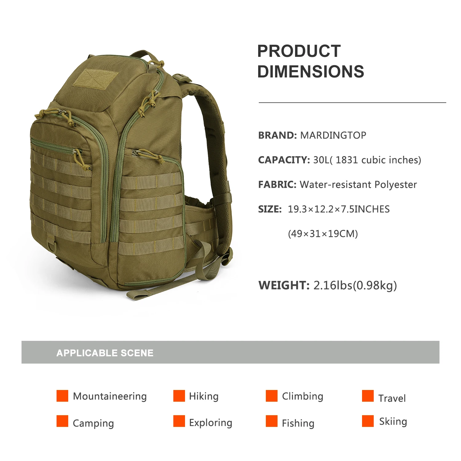 MARDINGTOP Tactical Backpack for Men Large Capacity 30L Waterproof Outdoor Camping Backpack for Hiking Travel Skiing Fishing Bag