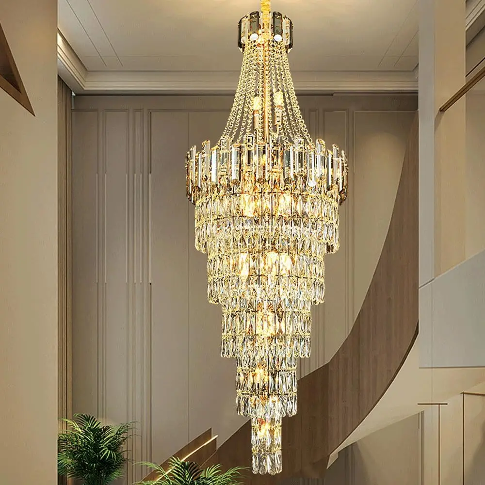 Luxury Large K9 Crystal Chandelier For Villa Staircase Duplex Building Living Room Ceiling Lamp Gold Rotating Chandeliers