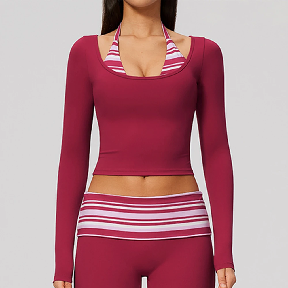 Yoga Long Sleeve Fitness shirt Top Gym Workout Women Halter Stripe Splicing Cropped Active Shirts Breathable Workout Sports Tops