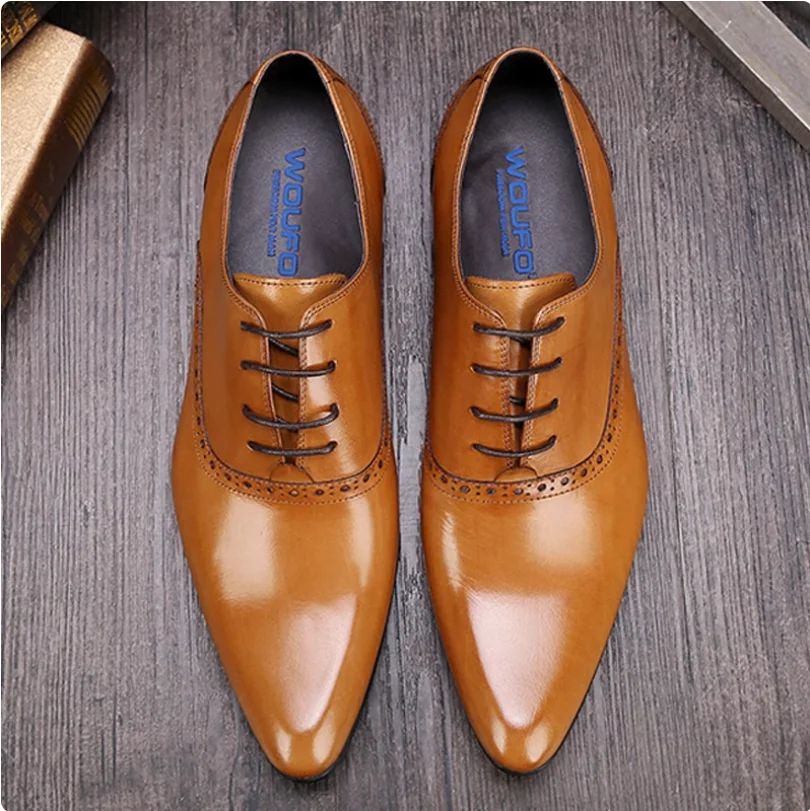 Men's leather shoes, Korean version, trend, male pointed toe, black business formal, British genuine leather men's shoes, lace-u