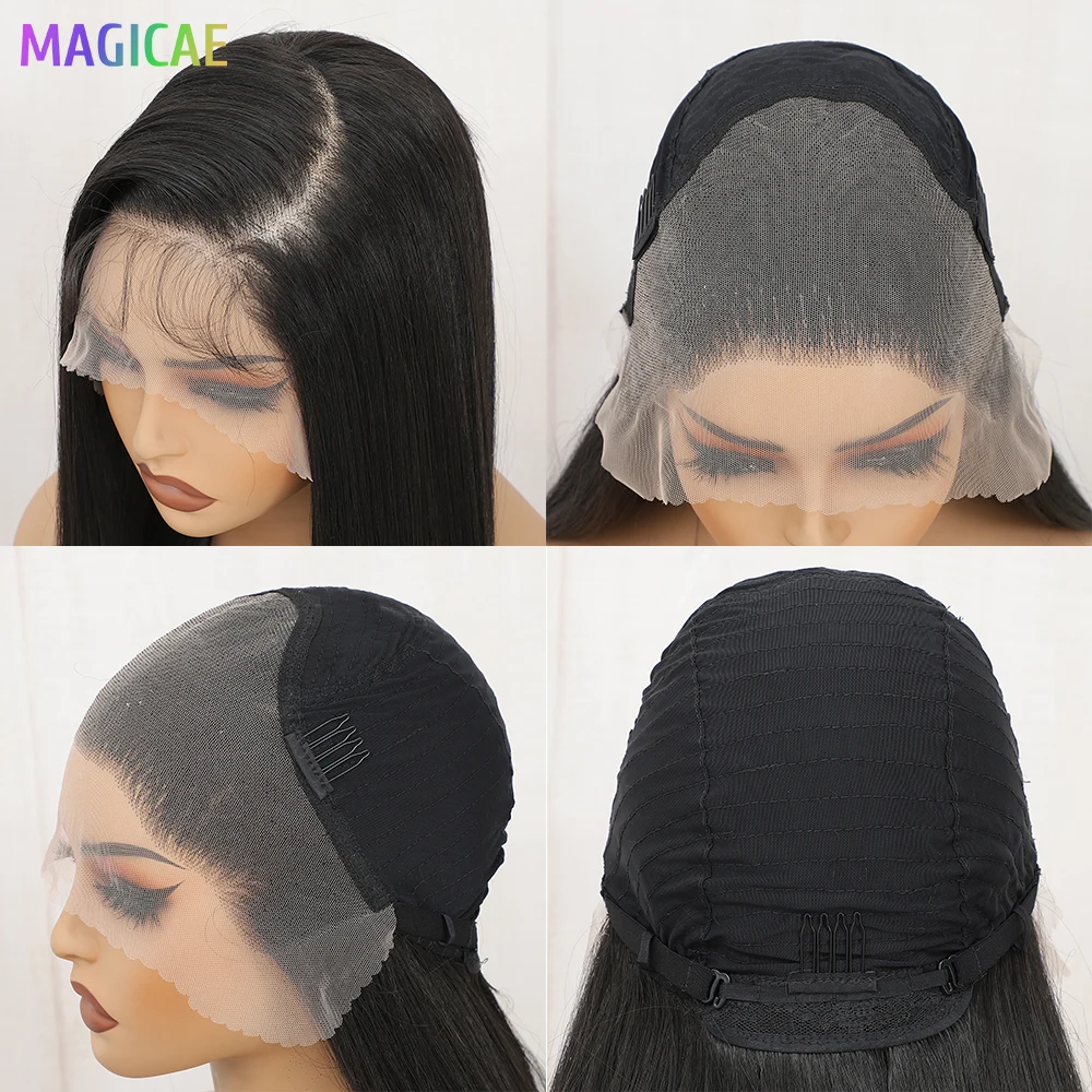 MAGICAE 13X4 Rambut Sintetis Lurus Panjang Wig Renda Depan Transparan dengan Rambut Bayi 30 Inci Pelucas De Mujer Hitam