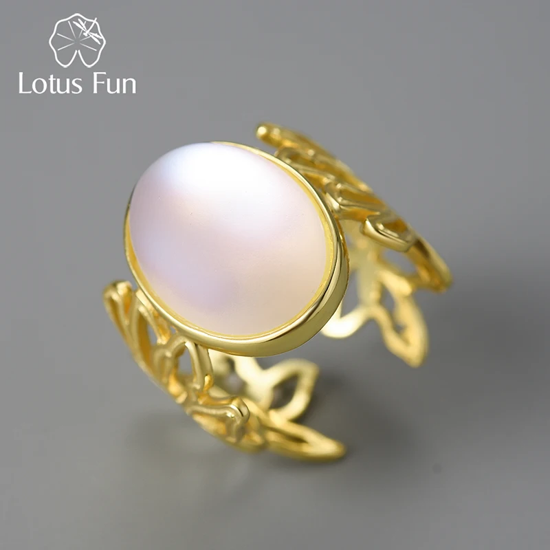 Lotus Fun 18K Gold Hollow Flower Big Artificial Moonstone Adjustable Rings for Women Real 925 Sterling Silver Luxury Jewelry