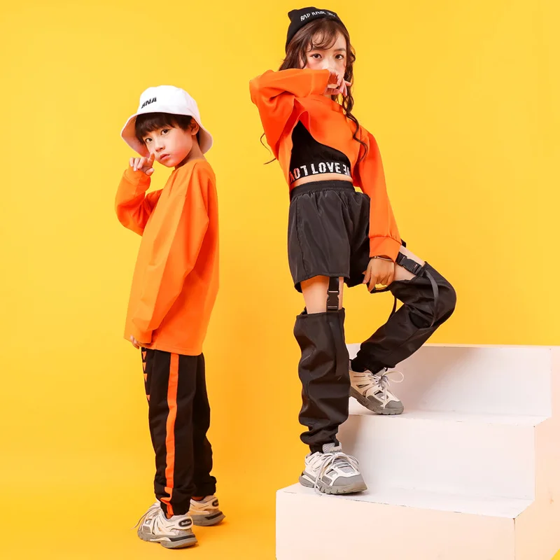 Kids Street Dance Orange Suit Girls  Exposed Navel Jazz Dance Costume Boys Pullover Print Hoodie Elastic Pants Hip-hop Style