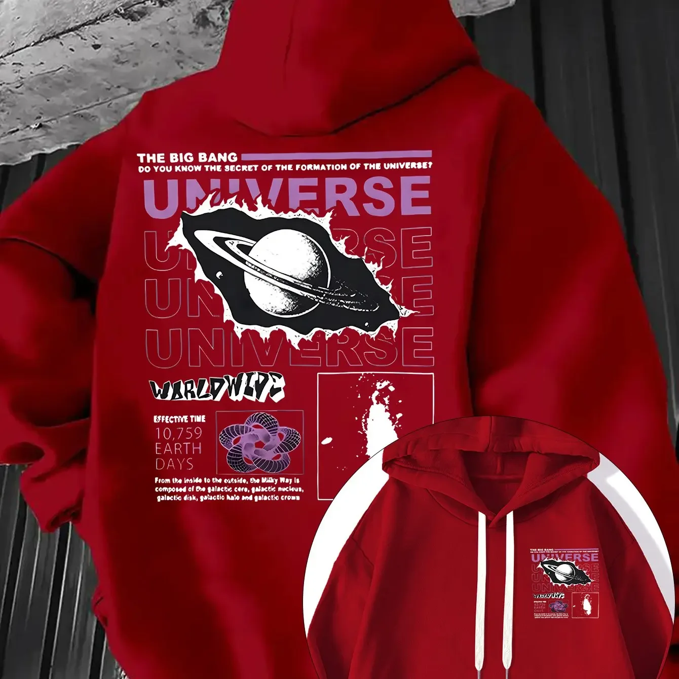 Cosmic Saturn Planet Space Text Men's Hoodie, Tear-Paper Art Double-Sided Print, Casual Loose-Fitting Sweatshirt