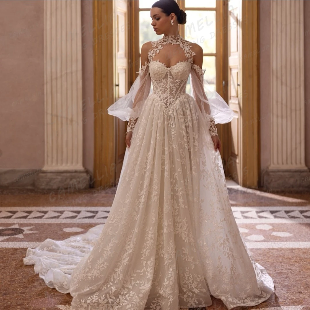 Luxury Appliques Wedding Dresses Women's Sexy A Line Lace Sweetheart Long Sleeve Tulle Bridal Gowns Vestidos De Novia Customized