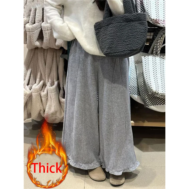 Kawaii الصوفية بنطال ذو قصة أرجل واسعة النساء موضة الشارع الشهير الكشكشة الصوف السراويل الفضفاضة الشتاء اليابانية لطيف عادية مستقيم بنطلون