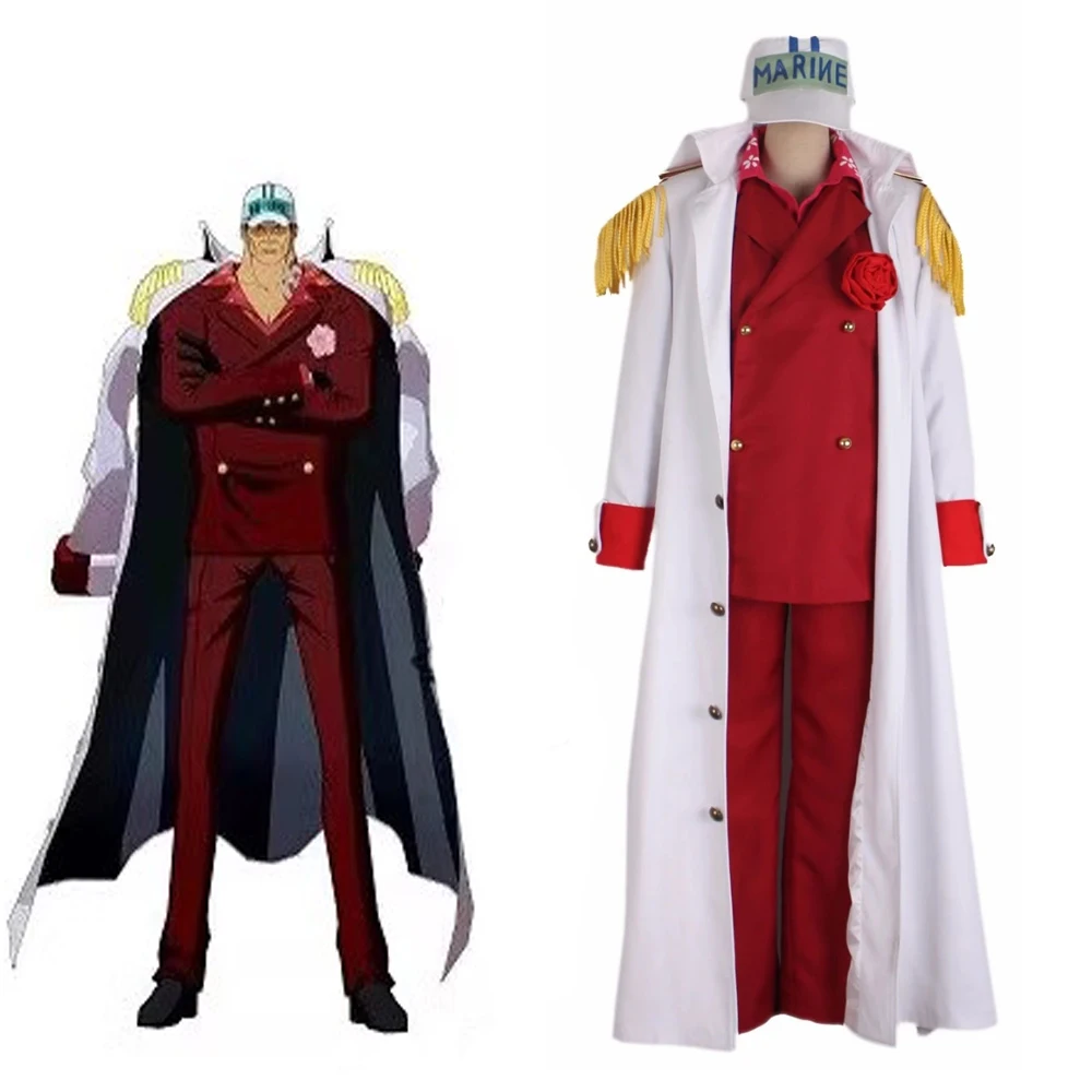 Anime One Piece Marines Admiral Sakazuki Admiral Akainu Whole Jackets Hat Glove Set Cosplay Costume With Red Uniforms Suit