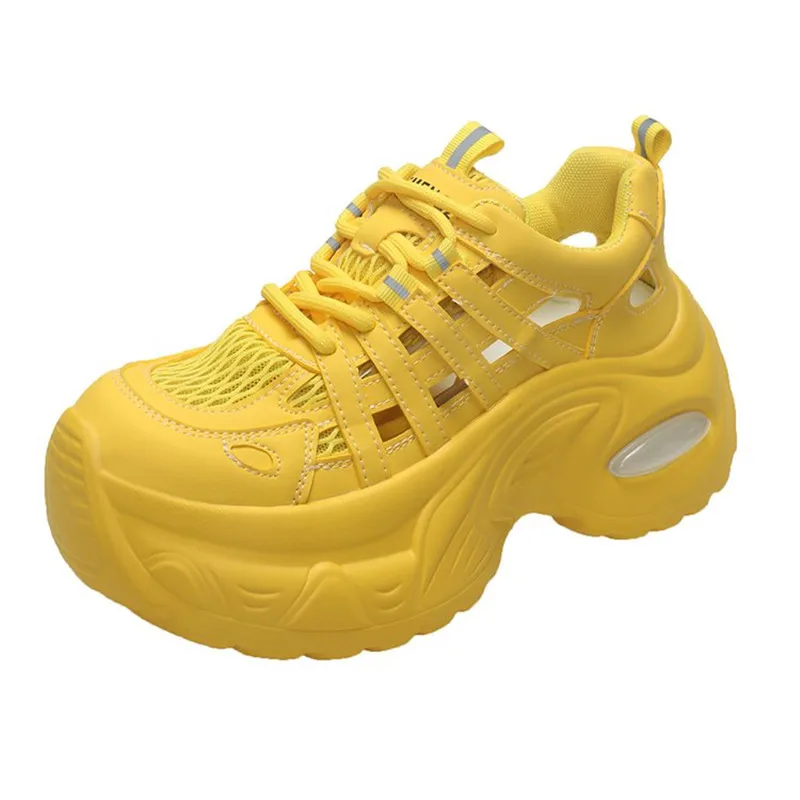 

7.5cm Heel Height Women Vulcanized Shoes Luxury Fashion Breathable Mesh Patchwork Leather Sneakers Woman Outdoor Leisure Popular