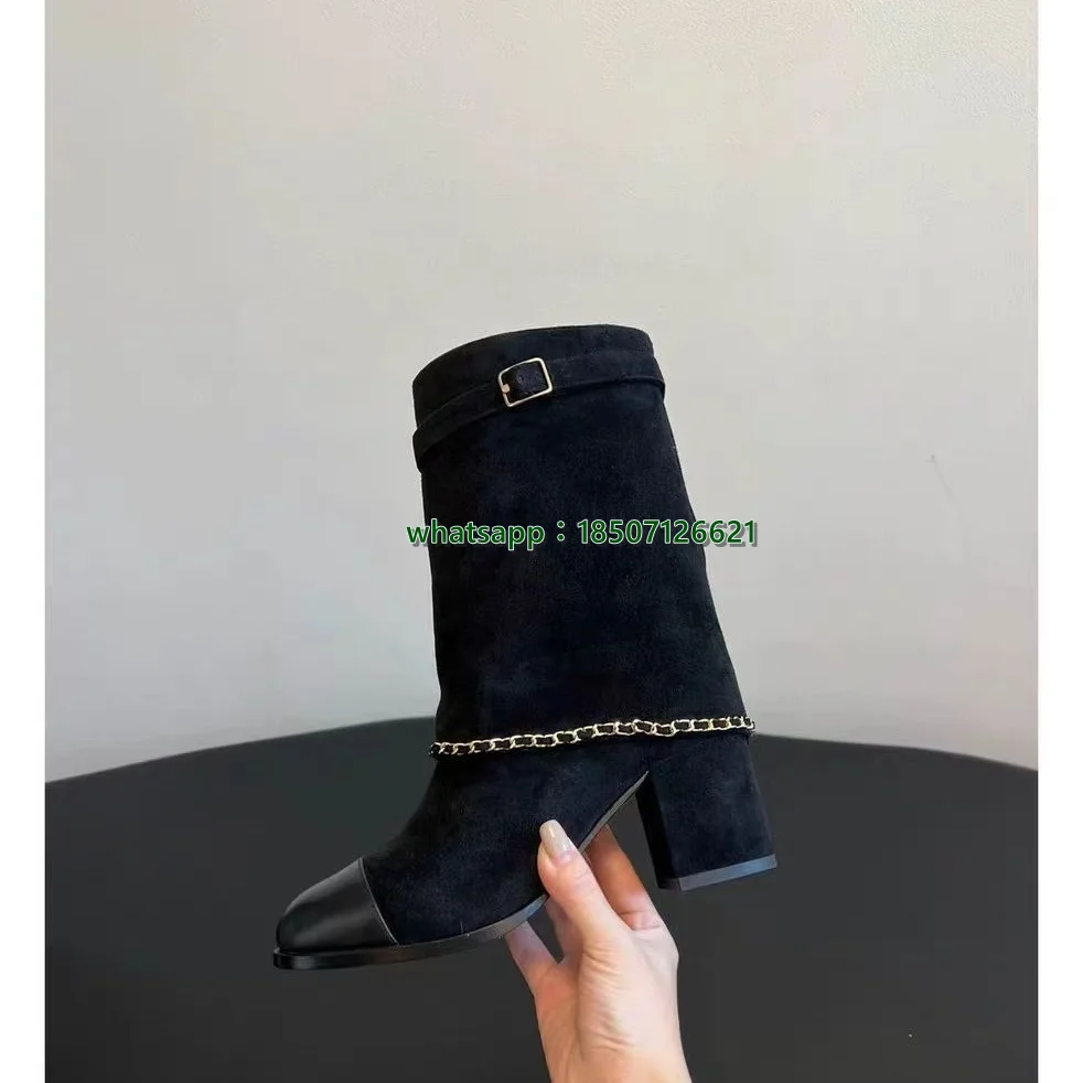 

New Round Toe Thick Heel Chain Large Size Trouser Leg Short Boots Fashion High Heel Catwalk Women's Boots